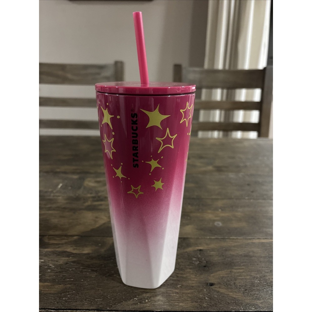 Starbucks Tumbler Holiday Pink Gold Star Venti 24oz Stainless Steel Straw